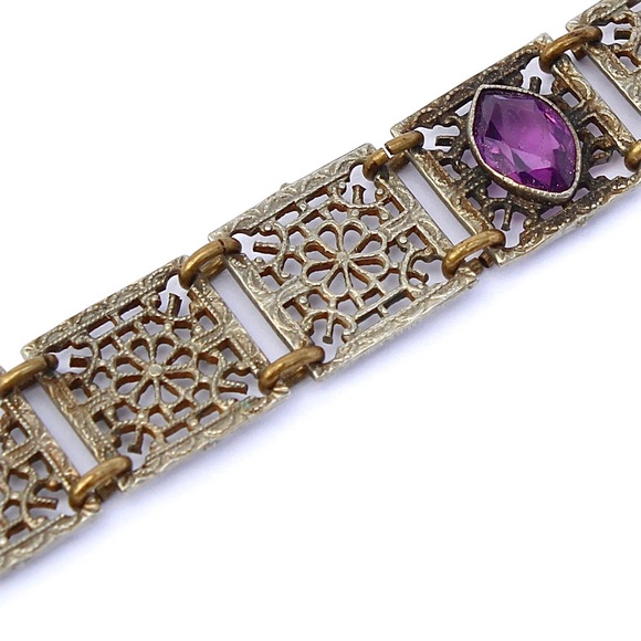 Antique Art Deco Amethyst Glass Panel Bracelet Floral Openwork Square Link - Picture 3 of 5